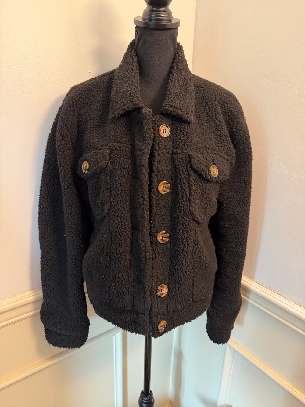 Ashley Vintage Charm Black Teddy Sherpa Jacket Button Up Pockets Cozy